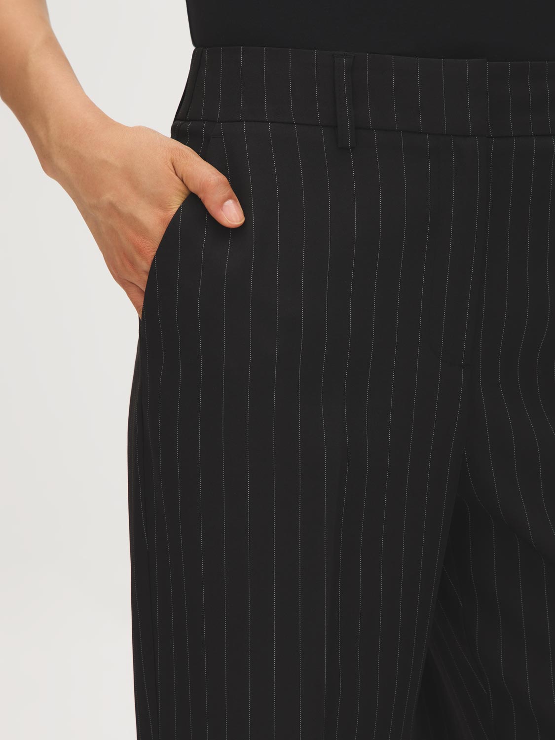 Black/White Stripe Fly-Front Ankle Trousers - Pocket Detail - Suzy Shier