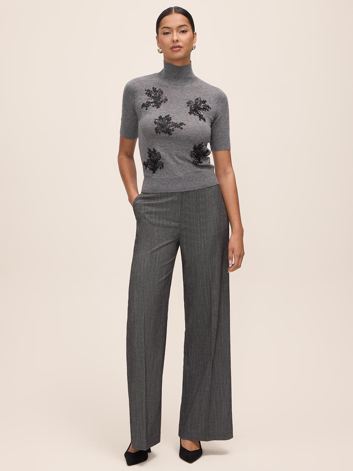Charcoal Beaded Mock Neck Knit Sweater - Full Body Front View - Le Chateau