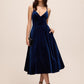 Midnight Blue V-Neck Velour Fit & Flare Cocktail Dress - Woman Wearing Evening Dress with Side Slit Pockets - Le Chateau