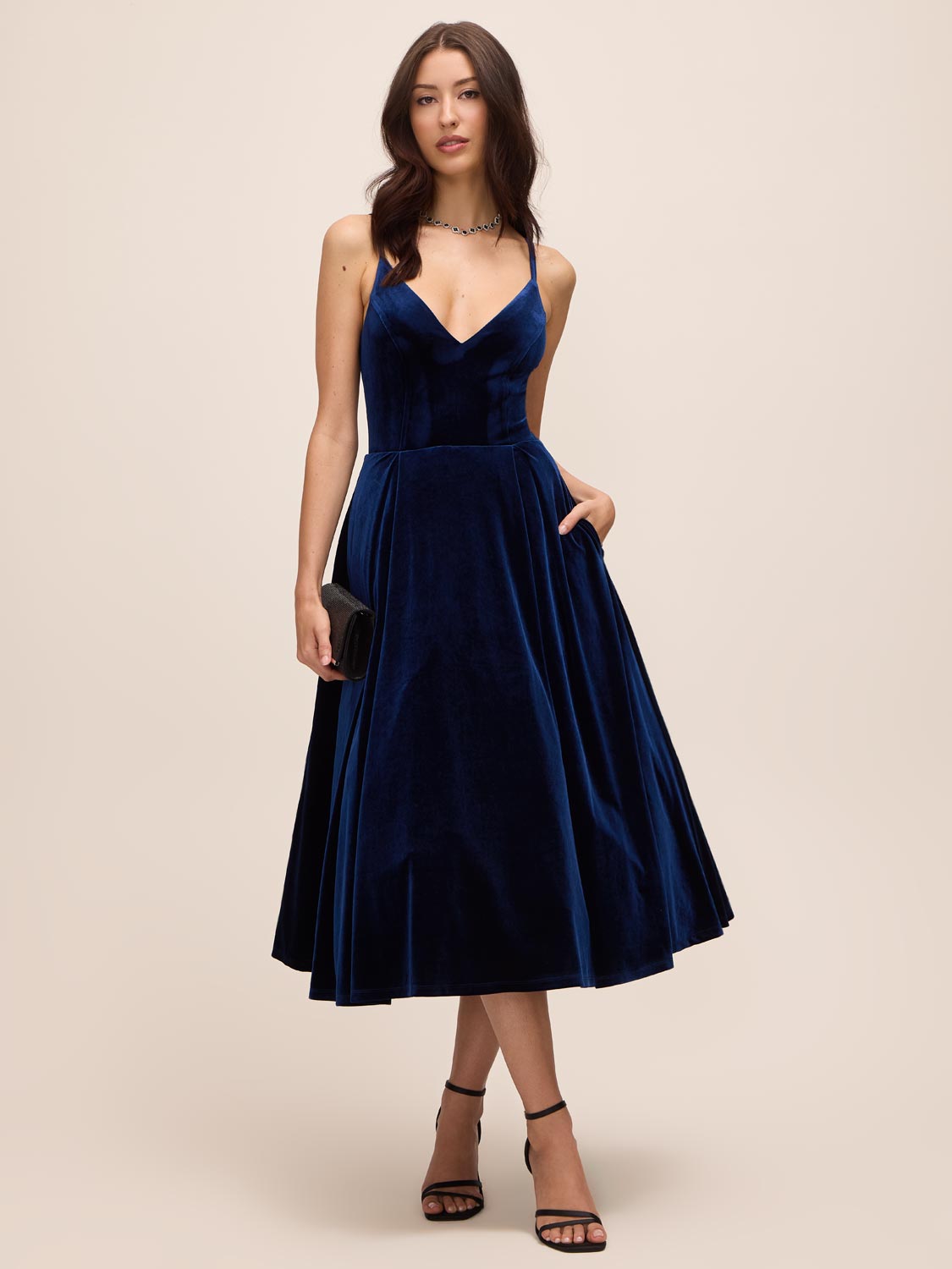 Midnight Blue V-Neck Velour Fit & Flare Cocktail Dress - Woman Wearing Evening Dress with Side Slit Pockets - Le Chateau