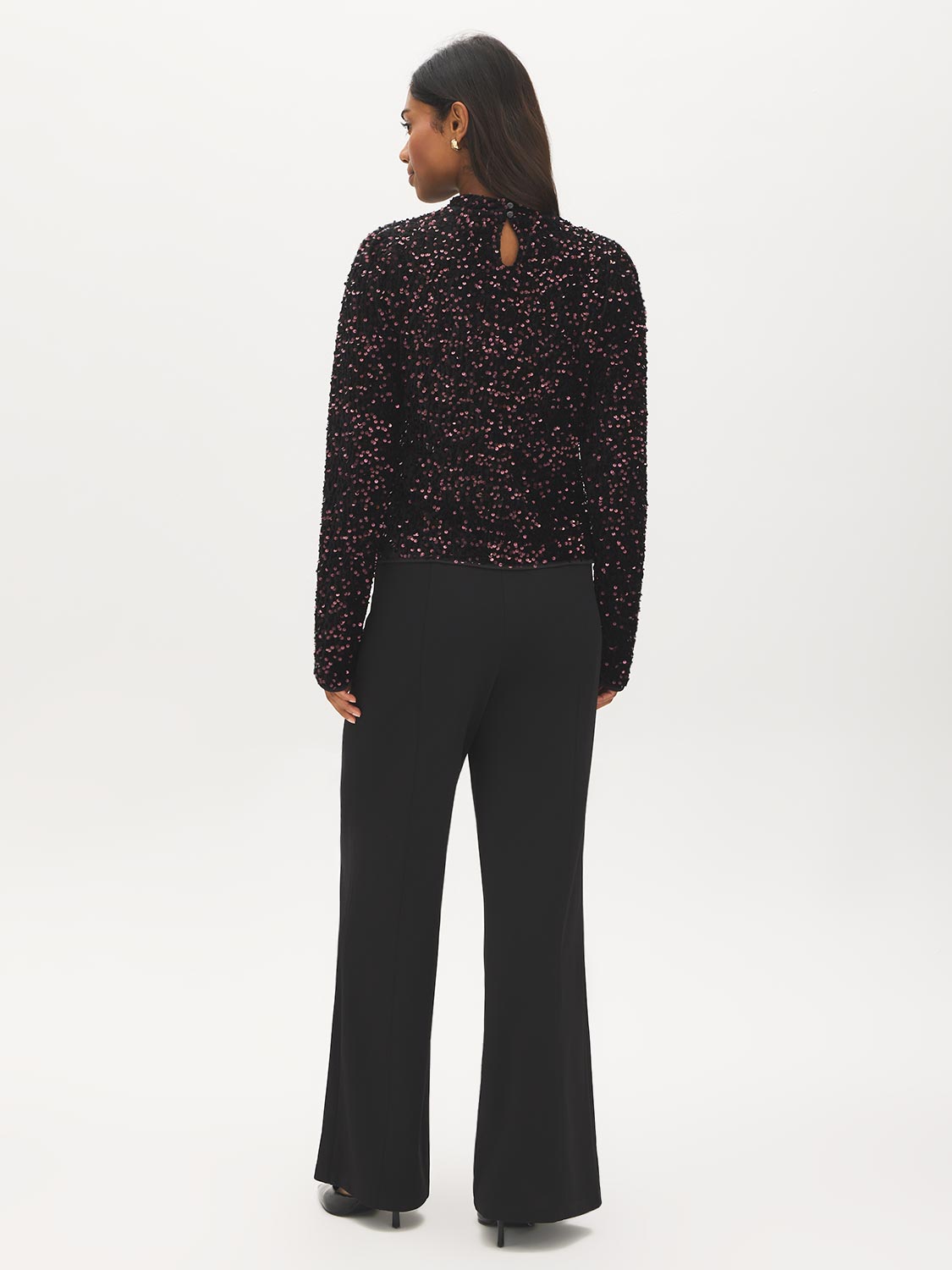 Black Purple Sequin Velvet Top with Mock Neck - Back View - Suzy Shier
