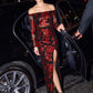 Red/Black Off-Shoulder Sequin Gown with Illusion Sleeves - Woman Wearing Formal Evening Dress - Le Chateau