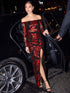Red/Black Off-Shoulder Sequin Gown with Illusion Sleeves - Woman Wearing Formal Evening Dress - Le Chateau