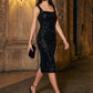 Black Square Neck Sleeveless Sequin Sheath Dress - Woman Wearing Classic Evening Dress - Le Chateau