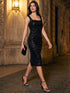 Black Square Neck Sleeveless Sequin Sheath Dress - Woman Wearing Classic Evening Dress - Le Chateau