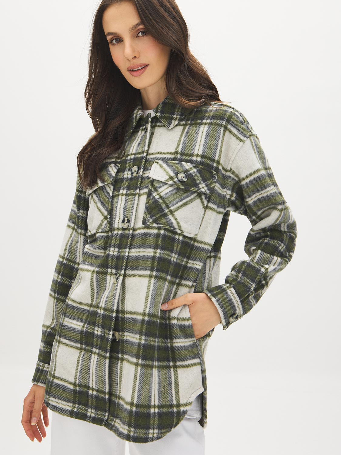 Khaki Plaid Shacket with Front Pockets - Side Profile View - Suzy Shier