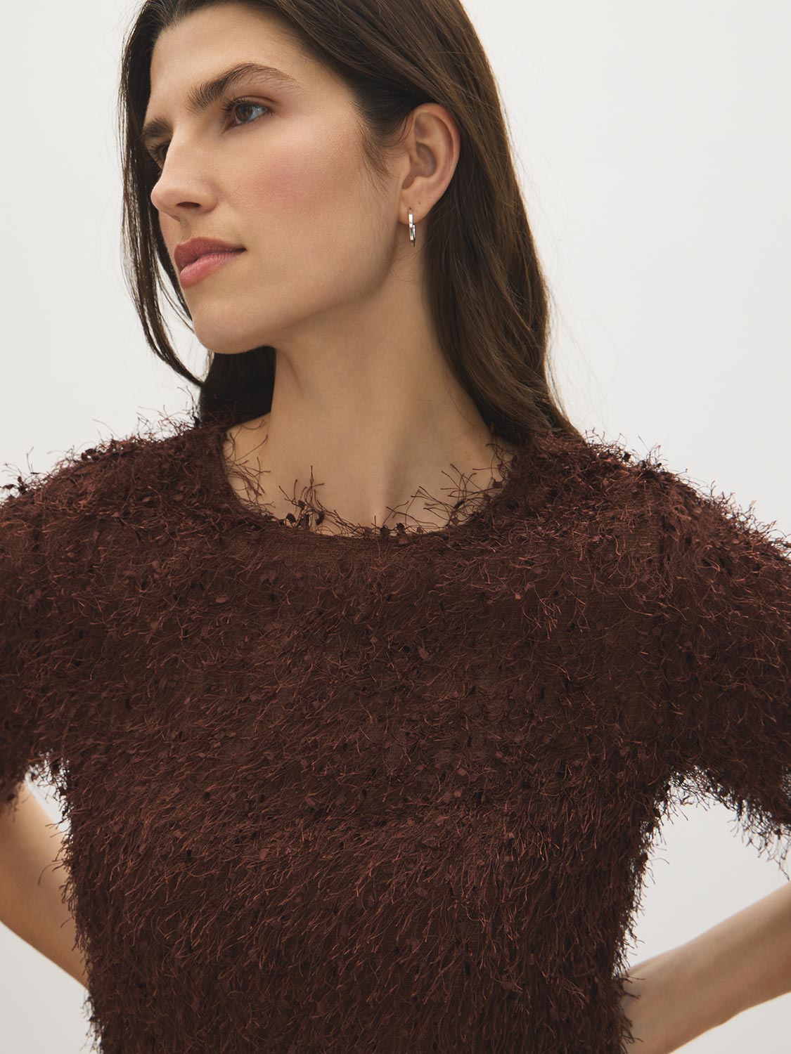 Milk Chocolate Fuzzy Knit Crew Neck Top - Close-up Fabric Detail - Suzy Shier