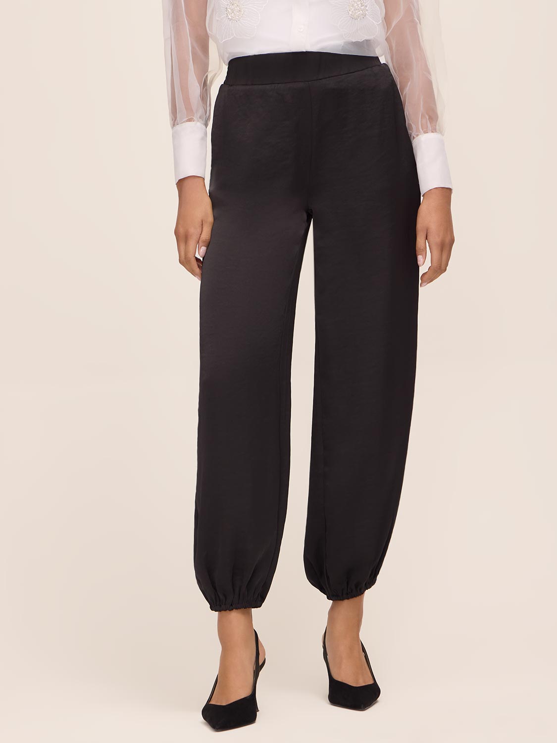 Black Satin Balloon Leg Pant - Front View - Le Chateau