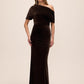 Chocolate Velour Gown with Asymmetrical Neckline - Woman Wearing Formal Evening Dress - Le Chateau