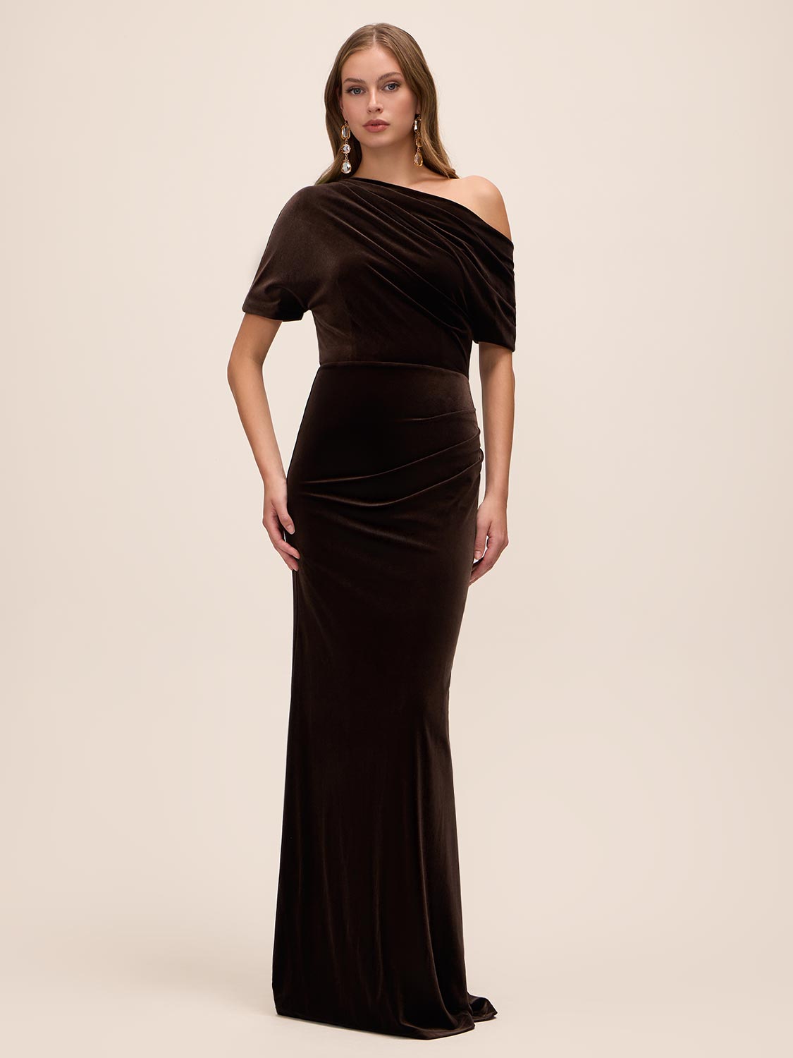 Chocolate Velour Gown with Asymmetrical Neckline - Woman Wearing Formal Evening Dress - Le Chateau