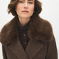 Dark Brown Melange Short Belted Faux Wool Coat - Close-up Faux Fur Collar Detail - Suzy Shier
