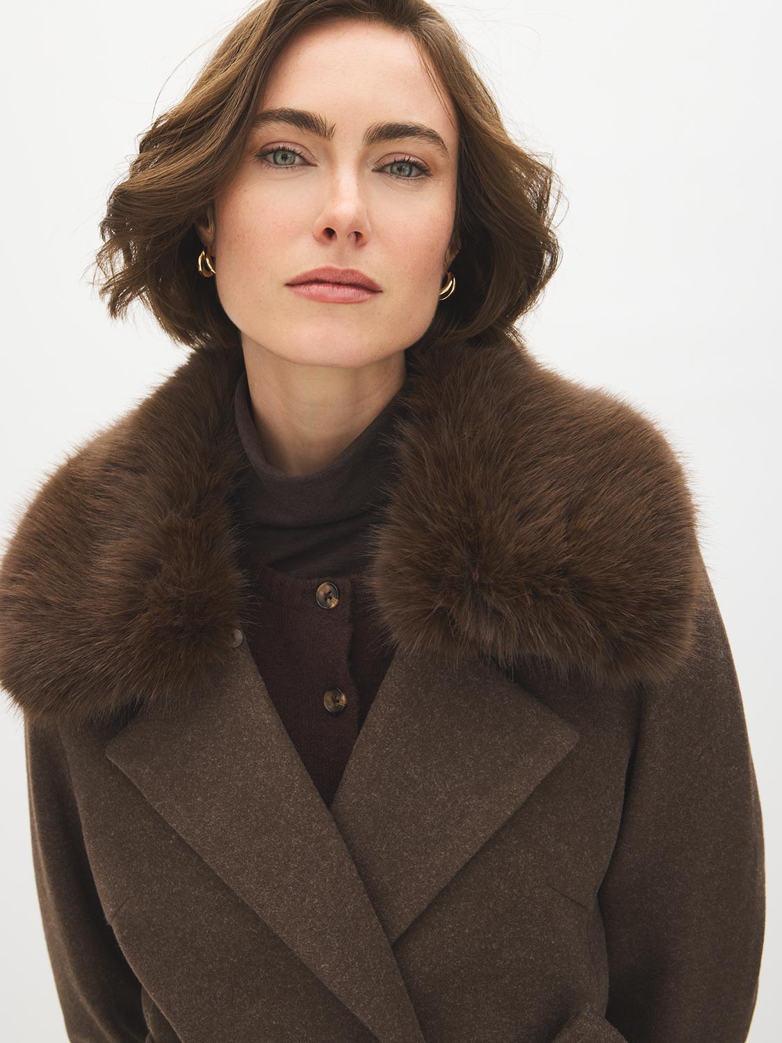 Dark Brown Melange Short Belted Faux Wool Coat - Close-up Faux Fur Collar Detail - Suzy Shier