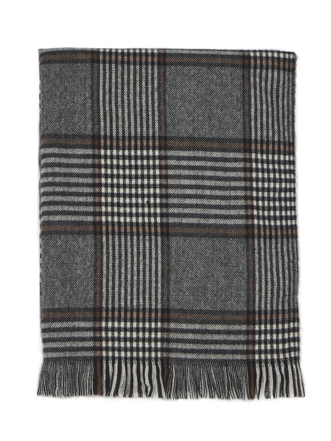Grey/Brown Brushed Grey Grid Scarf with Fringes - Close-up Brushed Texture Detail - Suzy Shier