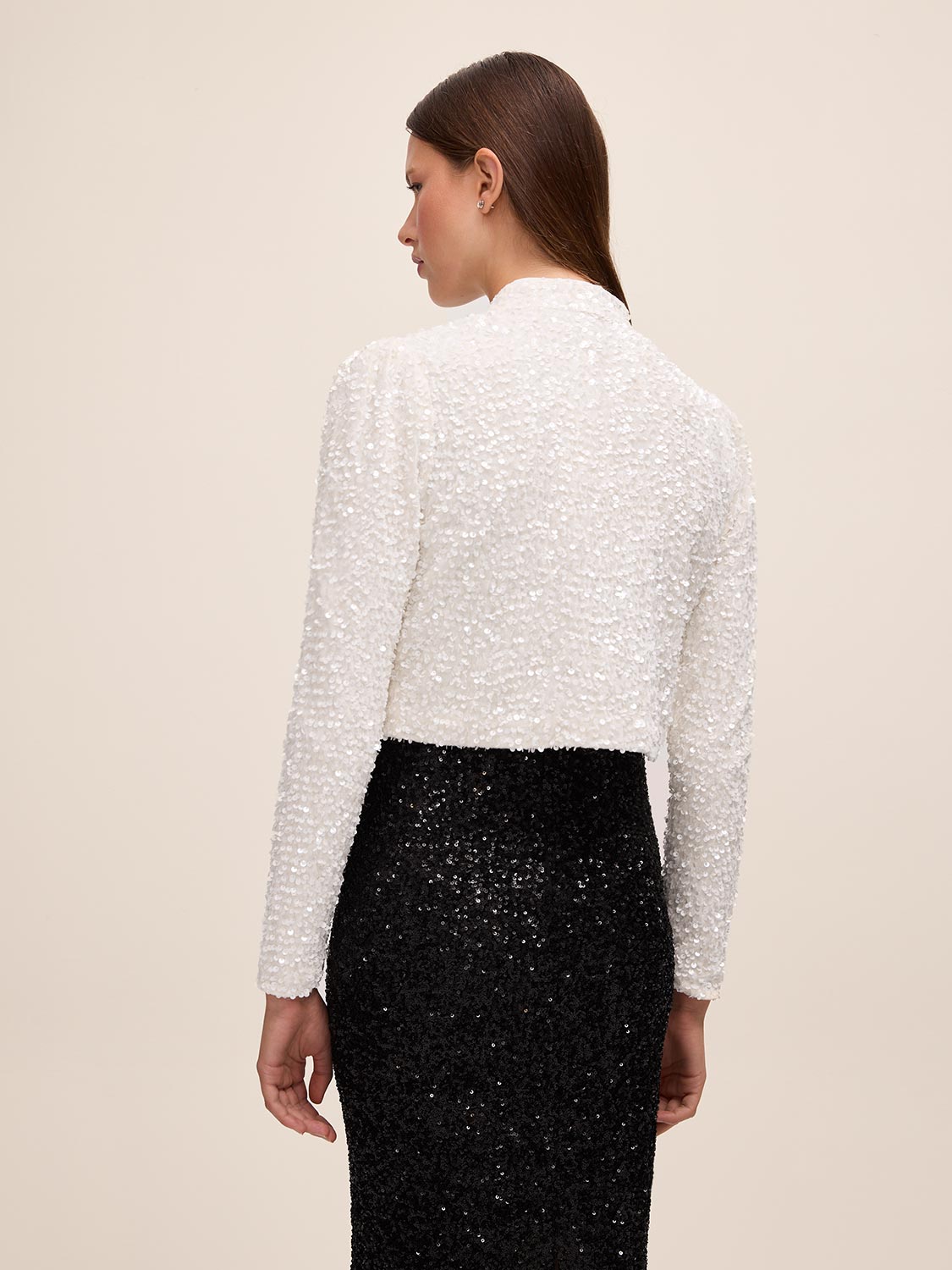 Black and Antique Cream Sequin Bolero with Puffy Sleeves - Back View - Le Chateau