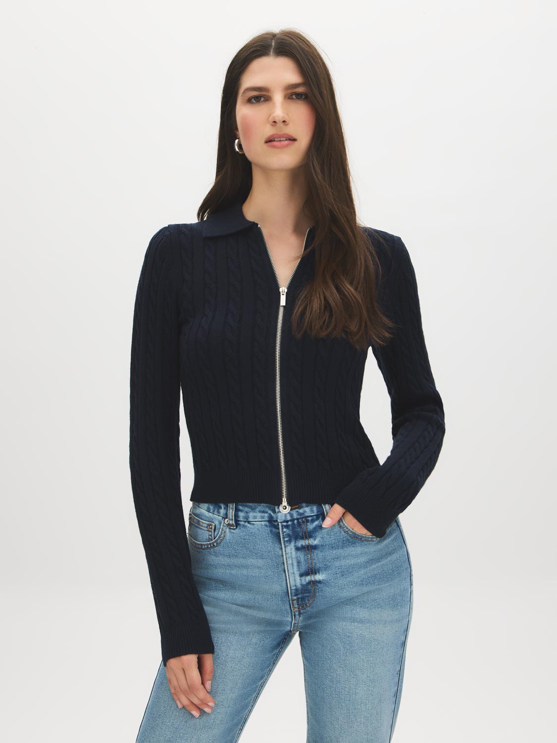 Inkwell Cable Stitch Zip-Front Sweater - Woman Wearing Knit Sweater with Collar - Suzy Shier