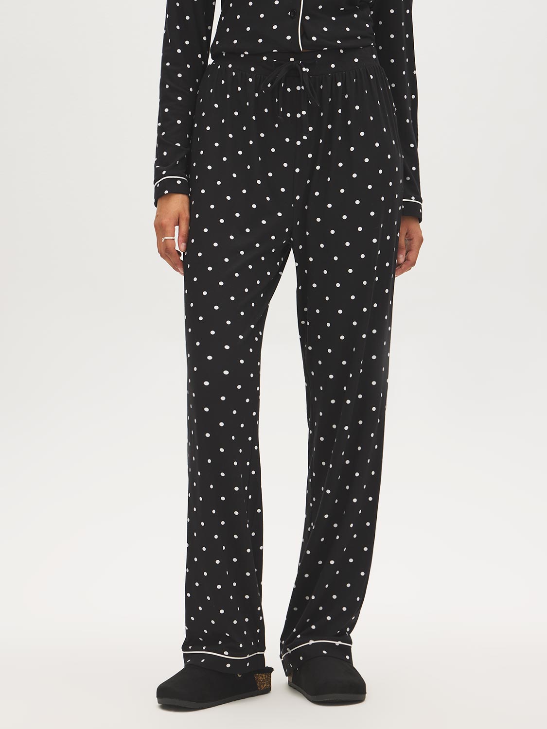 Jet Black/Snow White Polka Dot Two-Piece PJ Set - Pants Detail - Suzy Shier