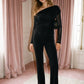 Jet Black Mesh Asymmetrical Cape Top - Woman Wearing Dramatic Evening Top - Suzy Shier
