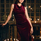 Burgundy Velour Draped Cowl Neck Sheath Dress - Woman Wearing Elegant Evening Dress - Le Chateau