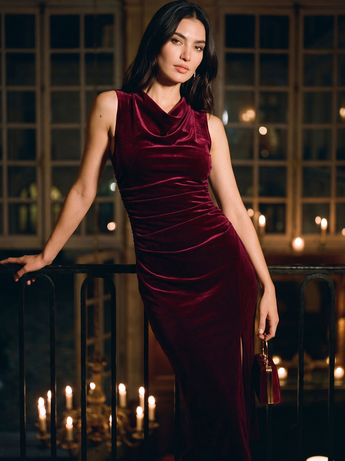 Burgundy Velour Draped Cowl Neck Sheath Dress - Woman Wearing Elegant Evening Dress - Le Chateau