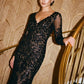 Black/Nude Leaf Pattern Sequin V-Neck Gown - Woman Wearing Elegant Evening Dress - Le Chateau