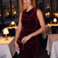 Burgundy Velour Draped Cowl Neck Sheath Dress - Woman Wearing Elegant Evening Dress - Le Chateau