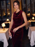 Burgundy Velour Draped Cowl Neck Sheath Dress - Woman Wearing Elegant Evening Dress - Le Chateau