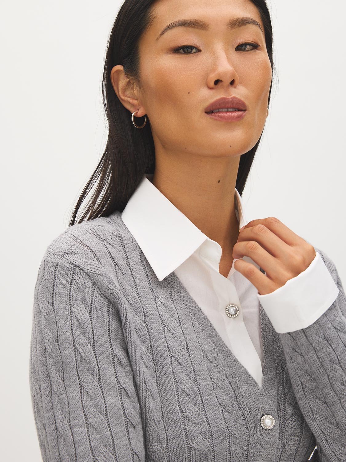MG Grey Mix Twofer Cable Knit V-Neck Cardigan - Close-up Collar Detail - Suzy Shier