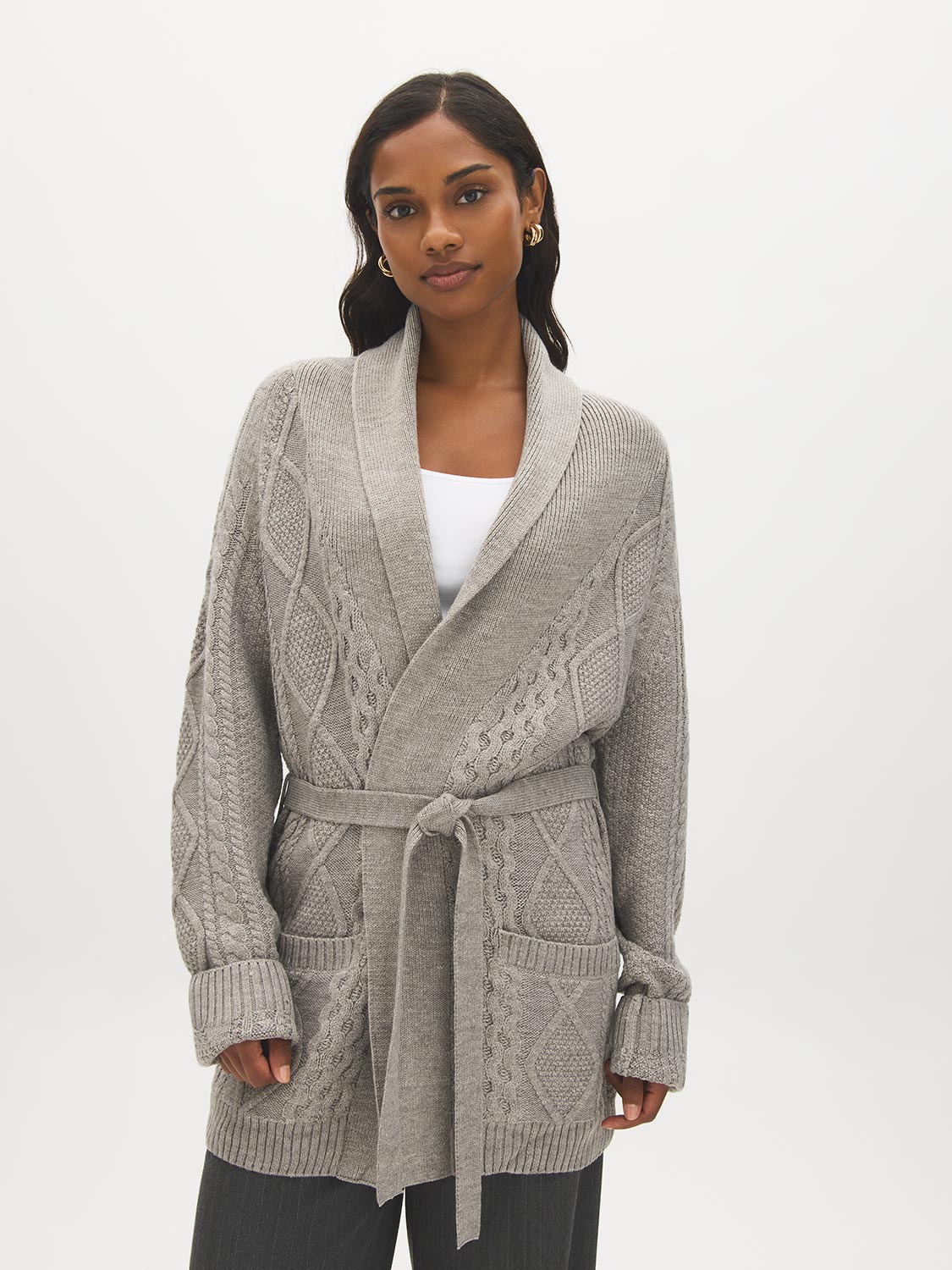 Dolphin Melange Cable Knit Shawl Collar Duster Sweater - Woman Wearing Belted Cardigan with Pockets - Suzy Shier