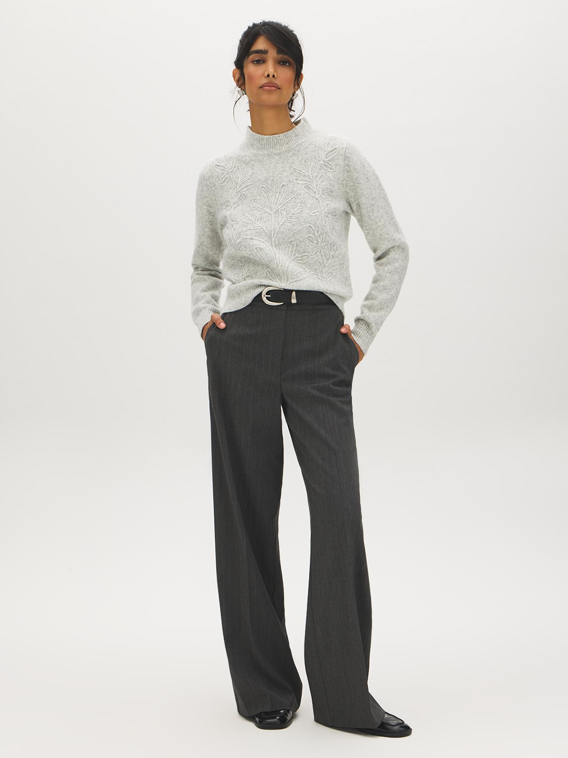 Grey Mix Mock Neck Sweater - Front View - Suzy Shier