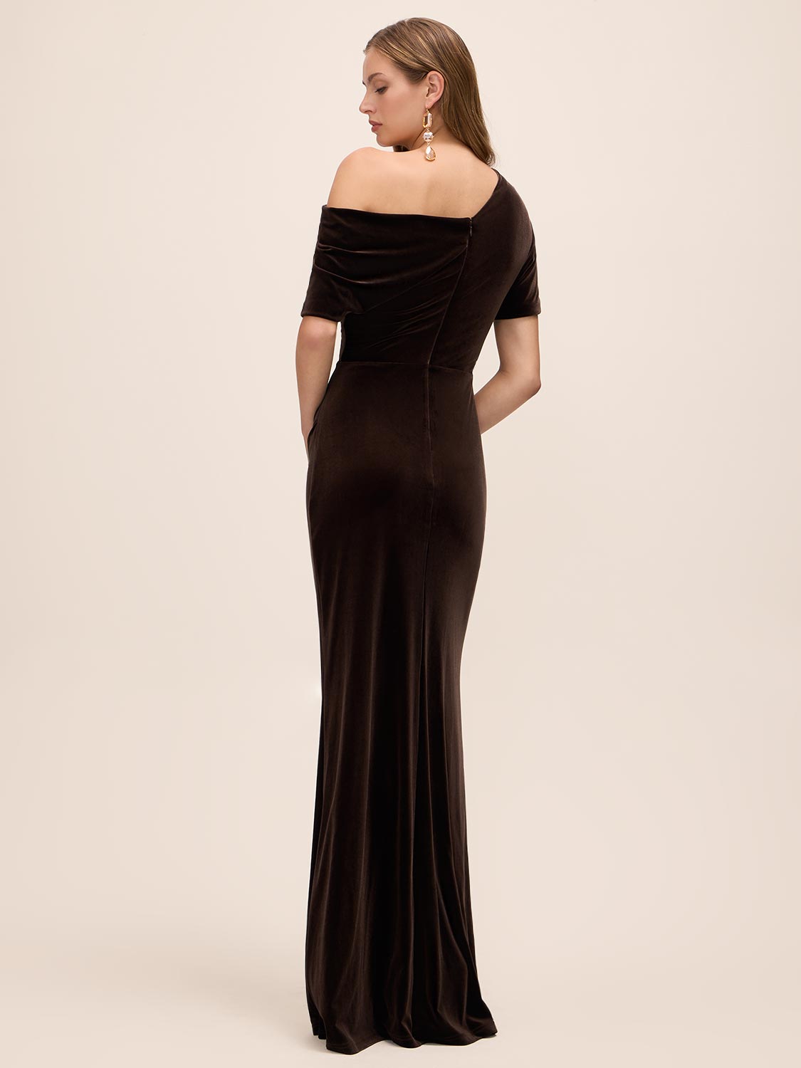 Chocolate Velour Gown with Asymmetrical Neckline - Back View - Le Chateau