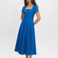 Classic Blue Square Neck Poplin Dress - Woman Wearing Cap Sleeve Dress with Paneled Detail - Suzy Shier
