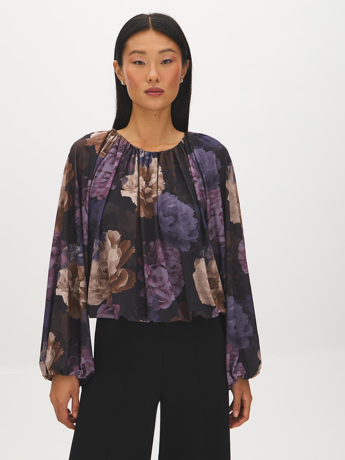 Prune Floral Mesh Bubble Top with Balloon Sleeves - Woman Wearing Printed Mesh Top - Suzy Shier