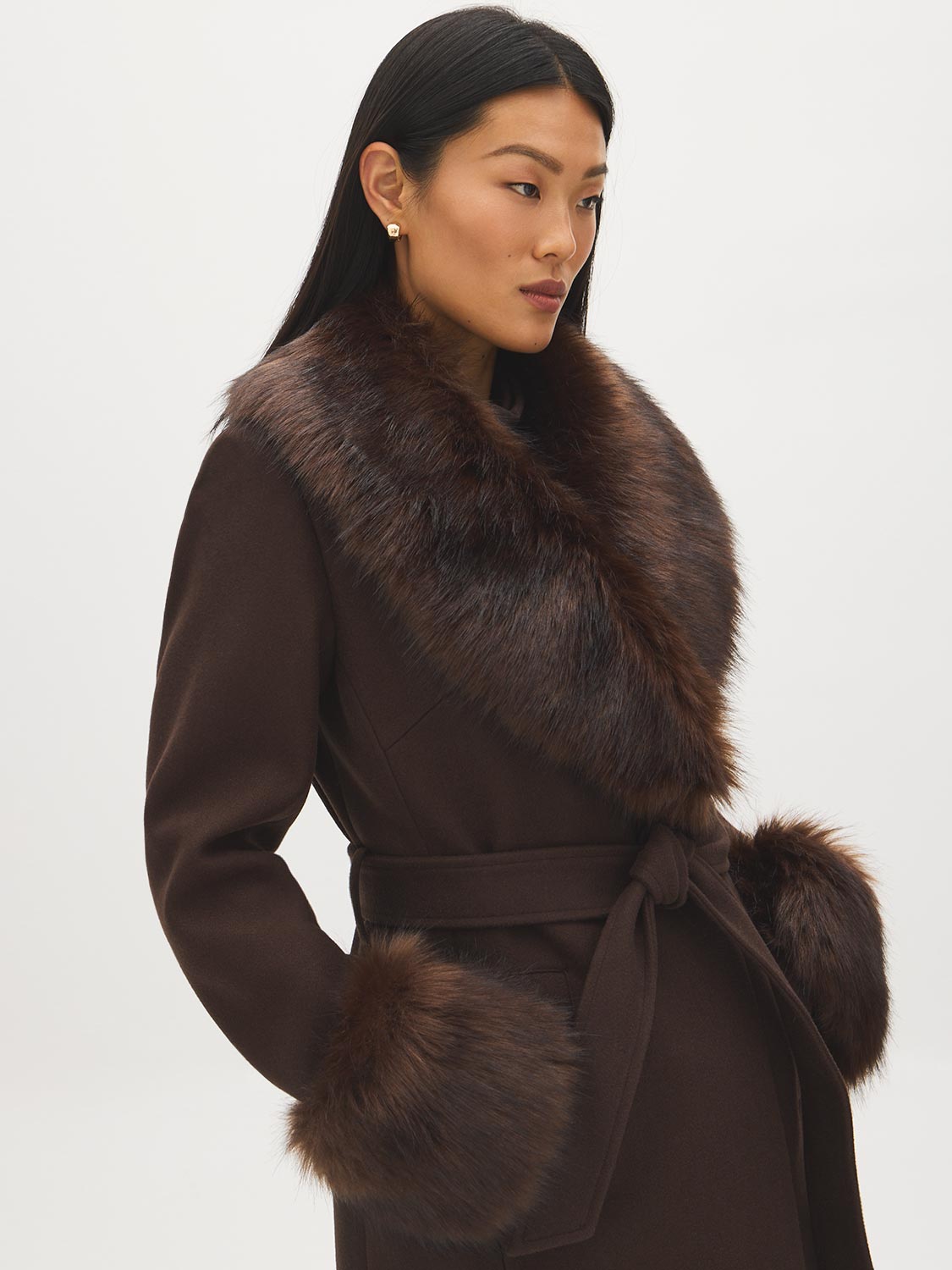 Dark Brown Melange Long Belted Faux Wool Coat - Collar Detail - Suzy Shier