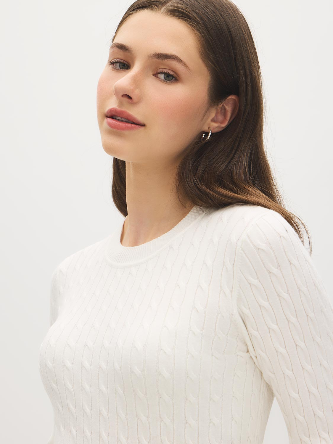 Snow White Cable Knit Crew Neck Sweater - Close-up Fabric Detail - Suzy Shier