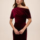 Burgundy Velour Gown with Asymmetrical Neckline - Side Profile View - Le Chateau