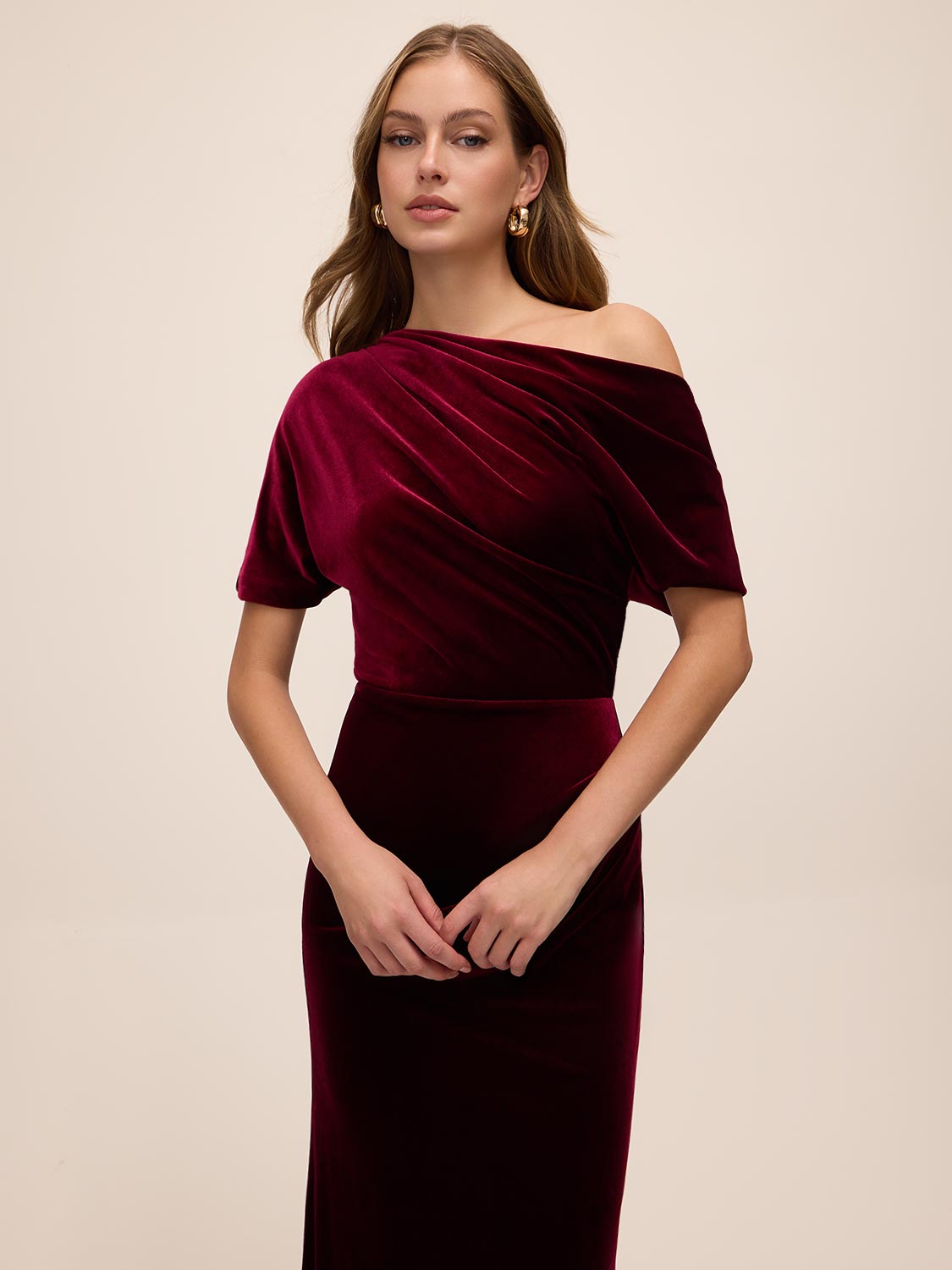 Burgundy Velour Gown with Asymmetrical Neckline - Side Profile View - Le Chateau