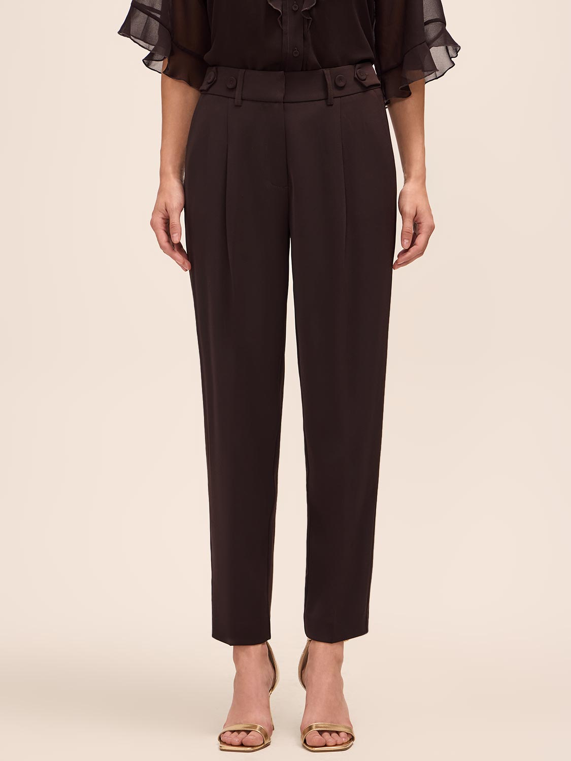 Chestnut Side Tab Pleated Slim Pant - Front View - Le Chateau