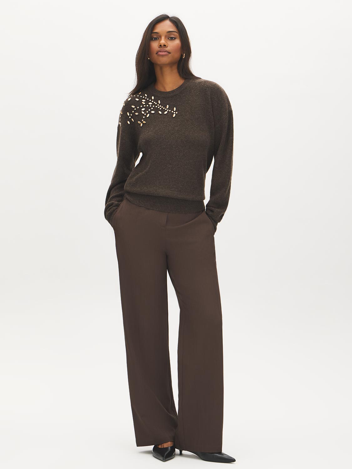 Brown Embellished Knit Sweater - Front View - Suzy Shier