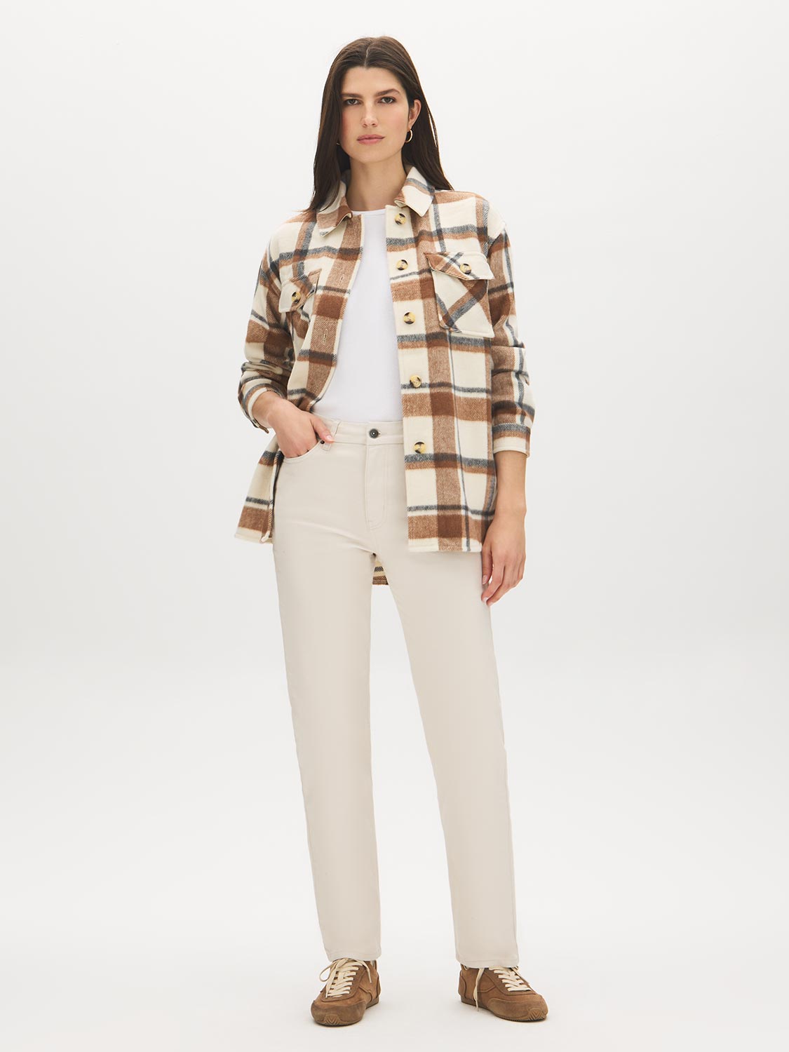 Khaki Plaid Shacket with Front Pockets - Front View - Suzy Shier
