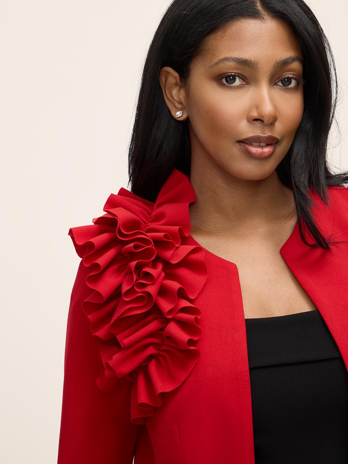 Red Knit Crepe Bolero with Side Ruffle - Close-up Ruffle Detail - Le Chateau