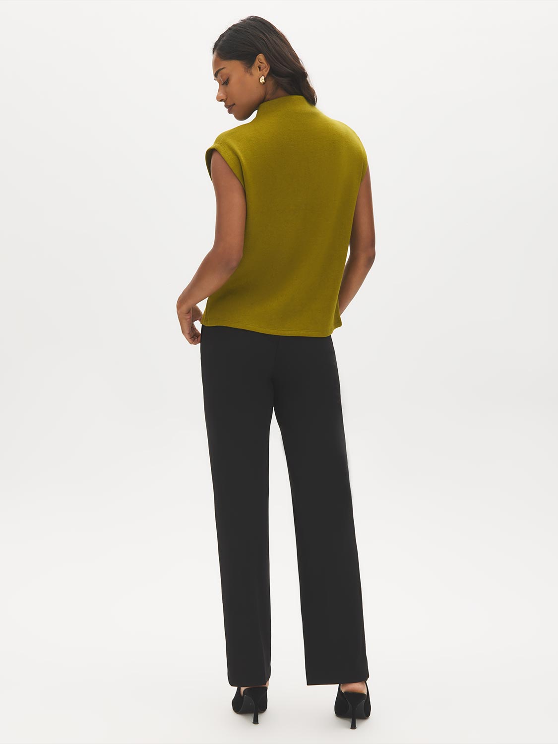 Guacamole Sleeveless Mock Neck Sweater Knit Top - Back View - Suzy Shier