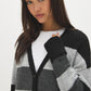 Dark Grey Mix Color Block Stripe Duster Cardigan - Close-up Fabric Detail - Suzy Shier