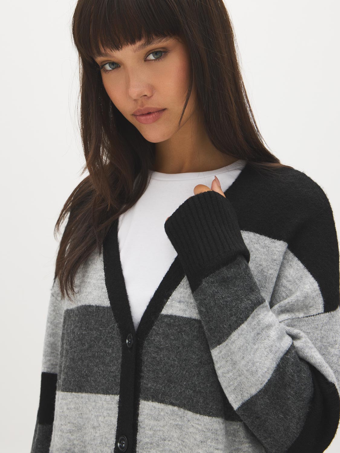 Dark Grey Mix Color Block Stripe Duster Cardigan - Close-up Fabric Detail - Suzy Shier