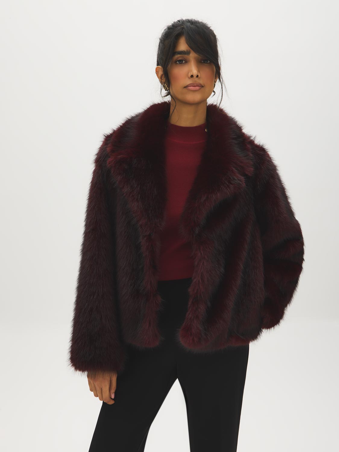 Brown Faux Fur Coat with Leather Detail - Alternate Color Front View - Suzy Shier