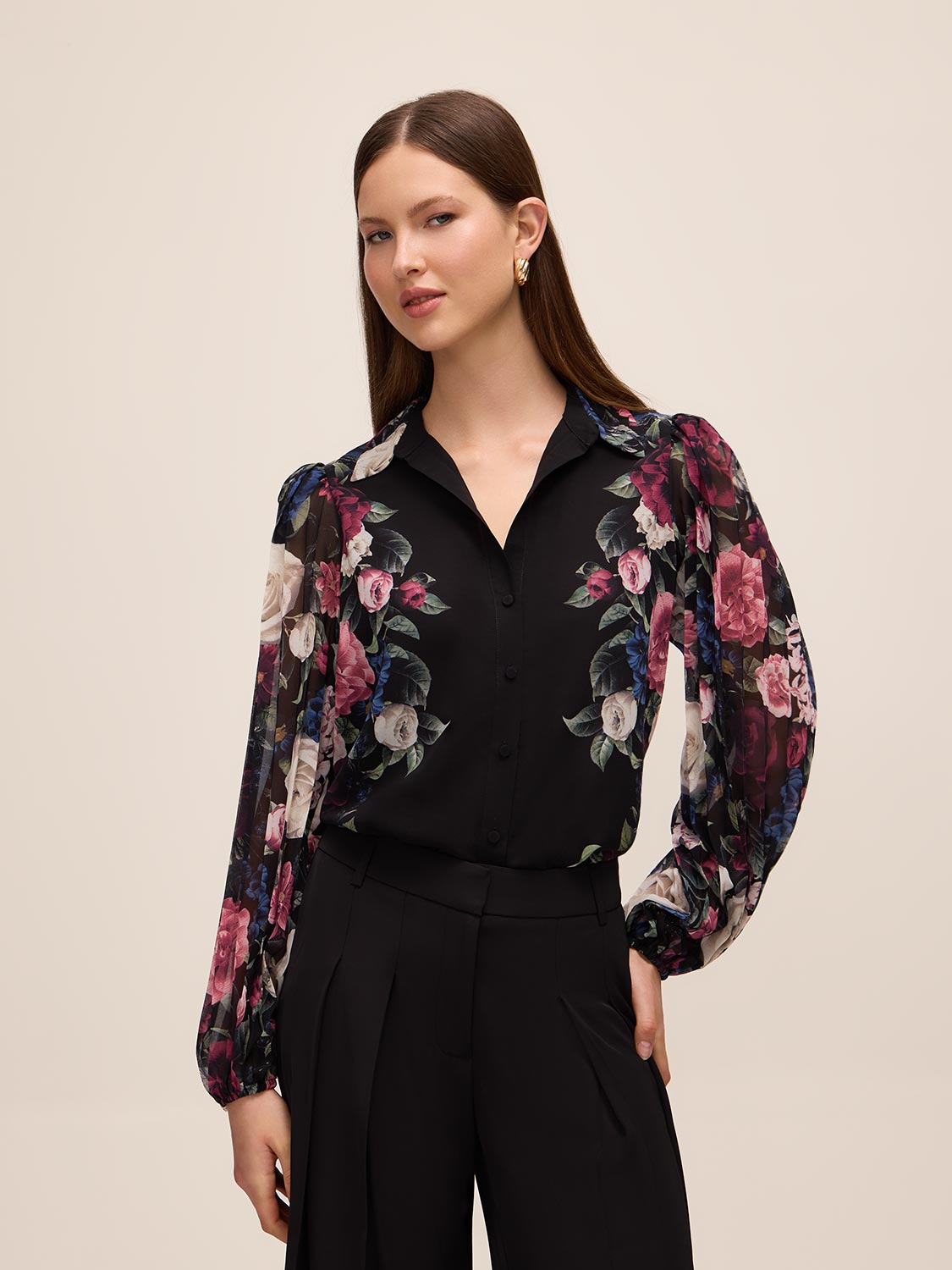 Black Print Placement Floral Blouse - Side Profile View - Le Chateau