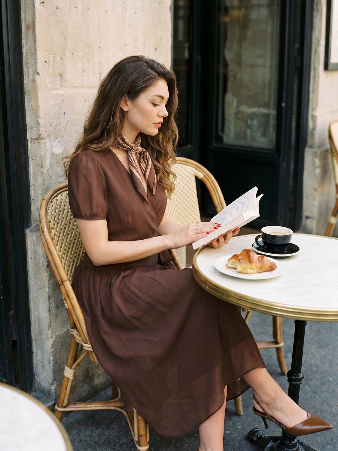 Textured Chiffon Crossover Midi Dress | Dk Brown | M