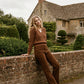 Amber Brown Corduroy Flare Leg Pants - Woman Wearing Mid-Rise Corduroy Trousers - Suzy Shier