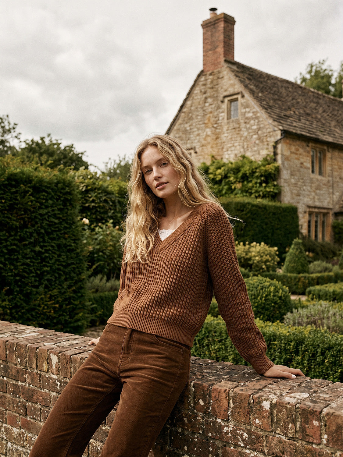 Bison V-Neck Sweater with Lace Trim - Woman Wearing Knit Sweater with Lace Detail - Suzy Shier