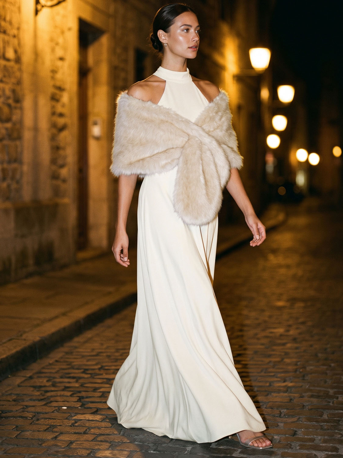 Antique Cream Sleeveless Satin Gown with Flared Hem - Woman Wearing Elegant Evening Dress - Le Chateau