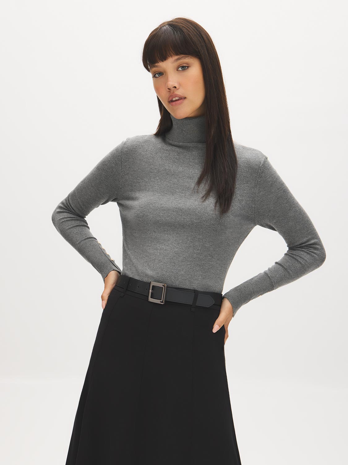 Fossil Grey Mix Turtleneck Sweater with Snap Detail - Side Profile View - Suzy Shier
